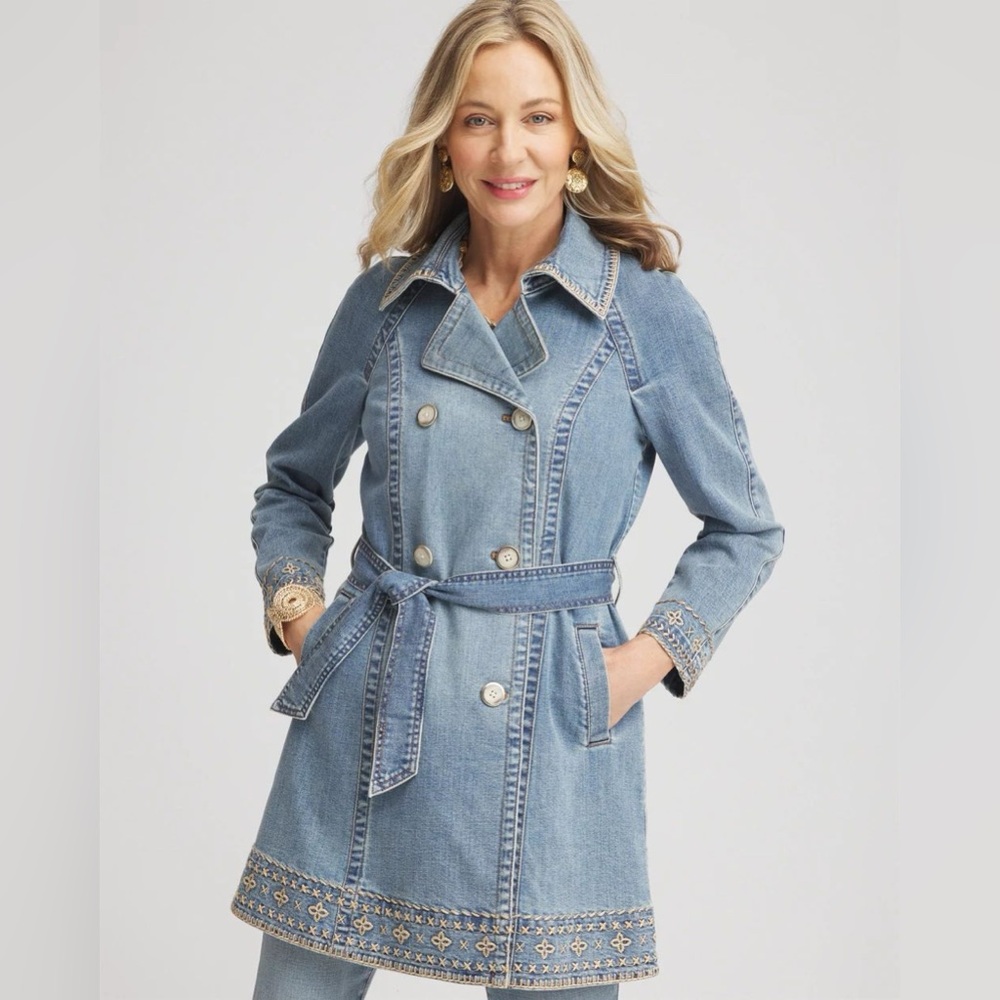 Chico's Tailored Whipstitch Denim Trench Coat NWT Embroidery Belted Long Jacket